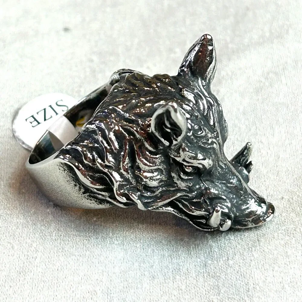 Men's Wild Boar Head Ring Bold Statement Jewelry Size 10